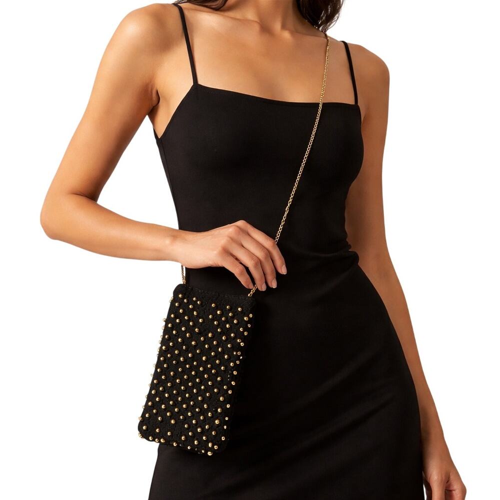 Anthropologie Black Gold Beaded Mini Crossbody Bag Evening Purse India